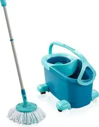 Produktbild: Leifheit Set Clean Twist Disc Mop Ergo 2.0 mit Rollwagen, Bodenwischer mit Mikrofaser Bezug für nebelfeuchte Reinigung auf Fliesen und Laminat, Wischmopp mit Click-System und Schleudertechnologie