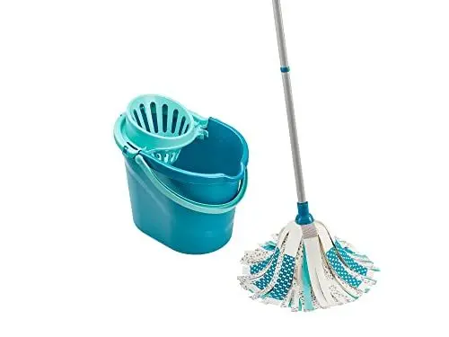 Produktbild: Leifheit Set Power Mop 3-in-1 mit saugstarken Fasern, Wischer mit flexiblen Viskose-Mopkopf-Streifen, Bodenwischer für Fliesen und Laminat Wischsystem Mop Türkis 45 x 35 x 72 cm
