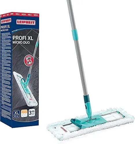 Produktbild: Leifheit rückenschonender Bodenwischer Profi XL micro Duo, Stahlstiel 146cm, Wischmopp mit Fußklick, Mikrofaser Bezug für Fliesen und Laminat, 360° Drehgelenk, Click-System, umweltfreundlicher Karton