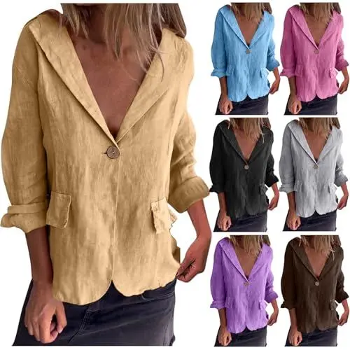 Produktbild: Leinen Blazer Damen Lässiger Mantel Langarm Leinenblazer Oversized Trendiges Stoffblazer Revers Einem Knopf Übergangsjacke Casual V-Ausschnitt Jacke Dünn Einfarbig Blazerjacke
