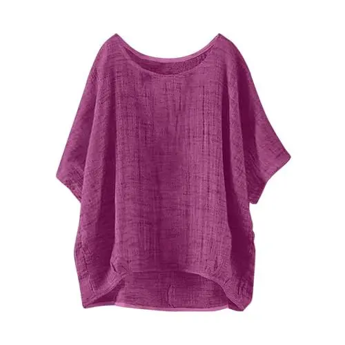 Produktbild: Leinen Set Damen Sommer Kurzarmshirtmit Knopf Damen-T-Shirt Halben Rollkragen Fledermaus Ärmel Bluse Kurzarm Elegant T Shirt Longbluse Haengerchen Weiches Tshirt Baumwolle
