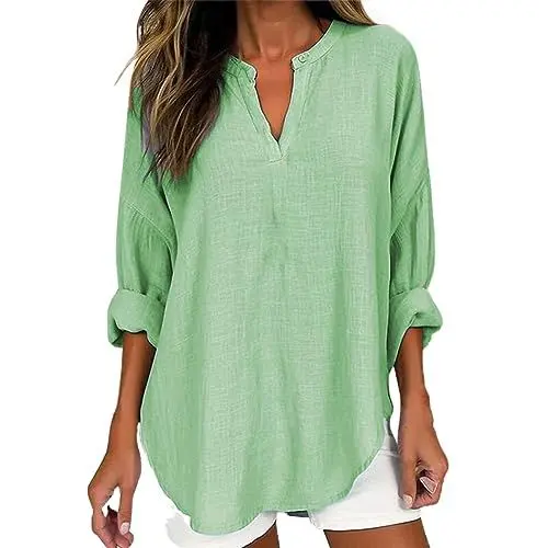 Produktbild: Leinenbluse Damen Damenpullover Musselin Bluse Damen Frühling V-Ausschnitt Tunika Damen Große Größen Langarmshirt Blusenshirt Damen Jeanshemd Leinen Baumwolle Hemd Oberteile(Grün,5XL)