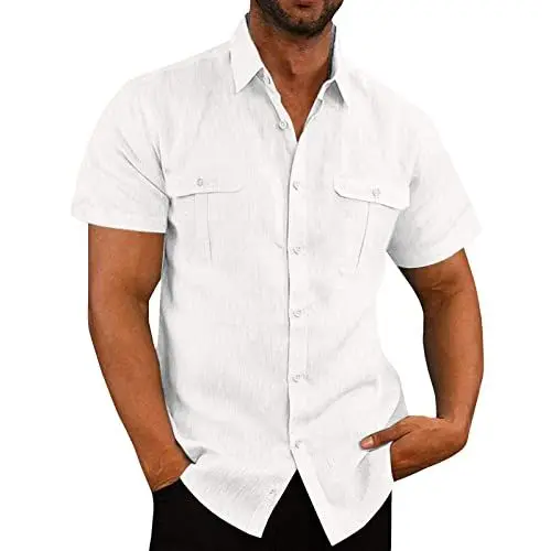 Produktbild: Leinenhemd Herren Kurzarm Hemd Sommer Freizeithemd Mit Brusttasche Button Down Regular Fit Kurzarmhemd Businesshemd Männer Einfarbig Basic Baumwolle Leinen Shirt Angebote Weiß XXL