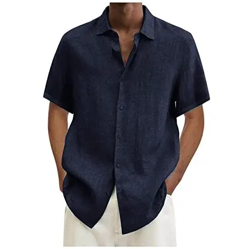 Produktbild: Leinenhemd Herren Kurzarm Hemden Sommer Hemd Baumwolle Leinen Kurzarmhemd Leichte Freizeithemden Einfarbig Herrenhemden Bequeme Sommerhemd Angebote Freizeithemd Sale 06 Marineblau 5XL