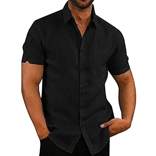 Produktbild: Leinenhemd Herren Kurzarm Hemden Sommer Hemd Baumwolle Leinen Kurzarmhemd Leichte Freizeithemden Einfarbig Herrenhemden Bequeme Sommerhemd Regular Fit Freizeithemd Sale 20 Schwarz 3XL