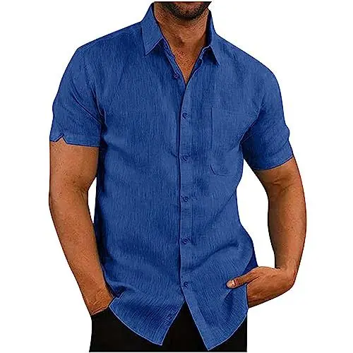 Produktbild: Leinenhemd Herren Kurzarm Hemden Sommer Hemd Baumwolle Leinen Kurzarmhemd Leichte Freizeithemden Einfarbig Herrenhemden Bequeme Sommerhemd Regular Fit Freizeithemd Sale 23 Marineblau L