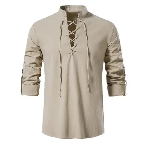 Produktbild: Leinenhemd Herren Langarm Freizeithemd Stehkragen Shirt Piratenkostüm Wikinger Kostüm Retro Frontschnürung Tops