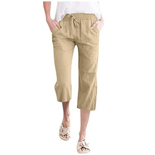 Produktbild: Leinenhose Damen Blau Damen Schuhe Grün Gefüttert Frauen hoch taillierte Hose mit weitem Bein Mode Elastische Hose mit Kordelzug Bequeme Lange Hose Schwarze Hosen Stoffhose Schwarz Damen (Khaki, M)
