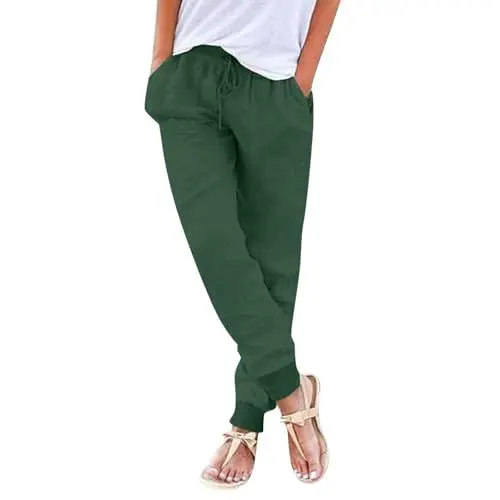 Produktbild: Leinenhose Damen Freizeithose mit Bündchen am Bein Strandhose mit hohem Bund Luftig Boho Einfarbig leicht Straight Leg Casual Baumwolle Stoffhose Locker Bequeme Hose (Green, XXL)