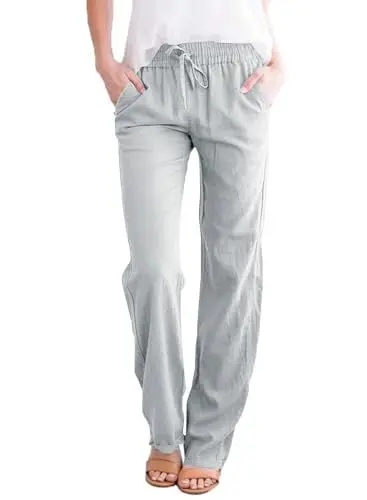 Produktbild: Leinenhose Damen Hose Sommer Musselin Leinen Hosen Stoffhose Einfarbig Freizeithose Gerade Geschnitten Strandhose Sommerhose mit Taschen (Hellgrau, M)