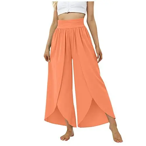 Produktbild: Leinenhose Damen Leichte Sommerhose, Wickelhose mit Schlitz Weites Bein Rüschen Hose Flowy Sommer Yogahose Leicht Luftige Plissee Bequeme Sporthose Bootcut Hose Damen 7/8 Hosen Damen Sommer Stretch