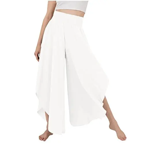 Produktbild: Leinenhose Damen Leichte Sommerhose, Wickelhose mit Schlitz Weites Bein Rüschen Hose Flowy Sommer Yogahose Leicht Luftige Plissee Bequeme Sporthose Hose Damen Sommer Hosenrock Damen lang