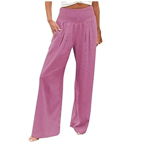 Produktbild: Leinenhose Damen Sommer Freizeithose Leinen Leicht Casual Yogahose Einfarbig Elegant Palazzo Hose Weites Bein Hose Baumwolle Bequeme Stoffhose Hohe Taille Strandhose mit Taschen(#B Purple,S)