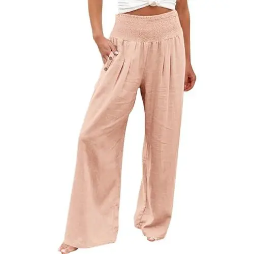 Produktbild: Leinenhose Damen Sommer Freizeithose Leinen Leicht Casual Yogahose Einfarbig Elegant Palazzo Hose Weites Bein Hose Baumwolle Bequeme Stoffhose Hohe Taille Strandhose mit Taschen(#D Light pink,XL)