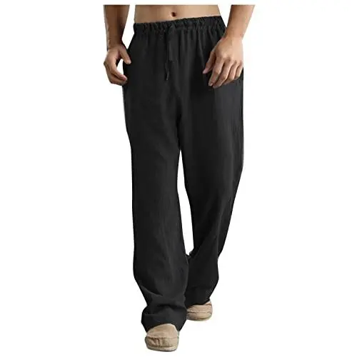 Produktbild: Leinenhose Herren Freizeithose Herren Jogging Hose Herren Leicht Sommerhose Herrenhosen Übergröße Baumwollehosen Loose Fit Casual Strandhosen Loungewear Outdoorhose Herren Schwarz L