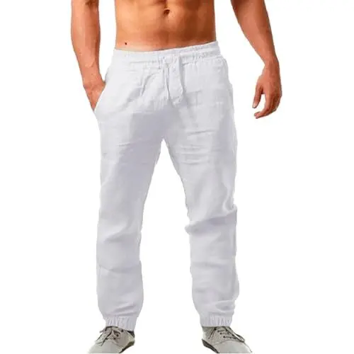 Produktbild: Leinenhose Herren Lang Leichte Sommerhose Männer Loose Fit Freizeithose mit Taschen Kordelzug für Urlaub Strand Yoga Leichte Leinenhose Herren Sommer
