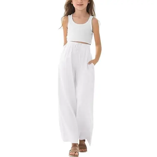 Produktbild: Leinenhose Mädchen Baggy Leinen Weites Bein Hose Boho Hohe Taille Freizeithose Einfarbige Leichte Dünne Jogginghose Kinder Hosen mit Gummizug Bund Sommer Lässige Jogginganzug (White, 14-15 Years)