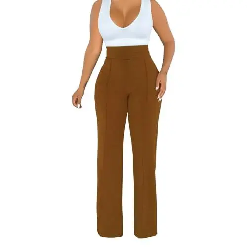 Produktbild: Hose Schwarz Damen Weites Bein Damen Hose Locker Damen-Hose, dehnbar, gerades Bein, bequem, solide, klassisch, hohe Taille, weites Bein, Lange Hose, Schwarze Hosen Stoffhose Schwarz Damen (Coffee, L)