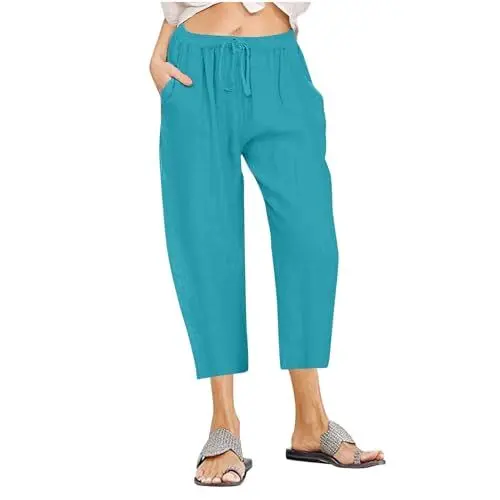 Produktbild: Leinenhose für Damen Sommer mit hoher Taille Hosen Leichte Weite Sporthose Casual Stoffhose Bequem Einfarbig Sommerhose Strand lockere Caprihose Leinen Boho Lässig Freizeithose