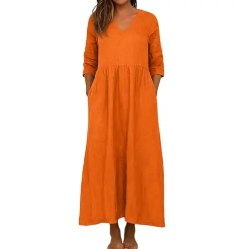 Produktbild: Leinenkleider Damen Sommer Lang Leinenkleid Damen Frühling und Herbst Kleid 3/4 Ärmel V Ausschnitt Langes Kleid Loose Solid Farbe Baumwolle Leinen Freizeitkleid mit Taschen Orange L