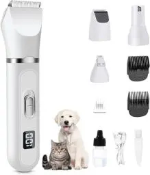 Produktbild: Leise Hundeschermaschine, Lovcoyo Profi Schermaschine Hund Katze mit LED-Anzeige, Hundepfoten-Trimmer, Elektrische Tierhaarschneidemaschine Set für Hunde Katzen Pfoten, Gesicht, Körper, Weiß
