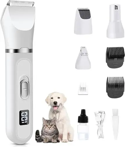 Produktbild: Leise Hundeschermaschine, Lovcoyo Profi Schermaschine Hund Katze mit LED-Anzeige, Hundepfoten-Trimmer, Elektrische Tierhaarschneidemaschine Set für Hunde Katzen Pfoten, Gesicht, Körper, Weiß