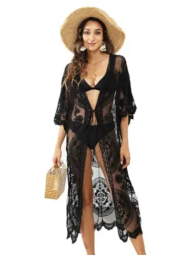 Produktbild: Leisofter Damen Crochet Kimono Cardigan Bikini Cover Up, Sommer Loose Lange Boho Bikini Cover Up, Leichte Frauen Beachwear Bedecken, Strandkleider, Kopfsatz