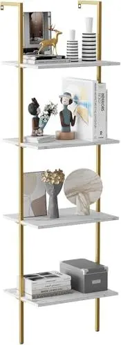 Produktbild: Leiterregal, Bücherregal mit Metallrahmen, Industrielles Leiterregal, Wandregal mit 4 Ebenen, Wandlehnregal, Standregal für Wohnzimmer, Schlafzimmer, Büro, Badezimmer, 40 x 30 x 144 cm, Weiß+Gold