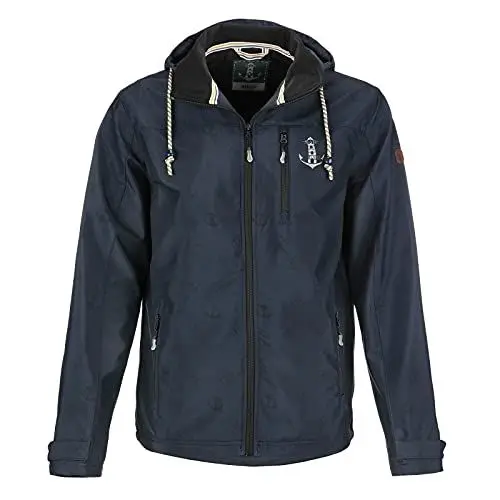 Produktbild: Leitfeuer Herren Softshelljacke mit Anker-Print Maritim - Kapuzenjacke Outdoorjacke Jacke mit abnehmbarer Kapuze in Dunkelblau Größe M