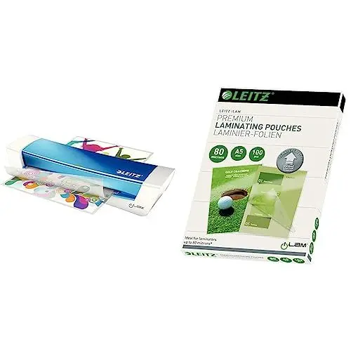 Produktbild: Leitz A4 Laminiergerät, Für 80 bis 125 mic Laminierfolien, inkl. Laminierhüllen Starterkit, Blau, iLAM & Heißlaminierfolien A5 80 mic, Laminierfolien in Premium-Qualität im 100er Pack, Transparent
