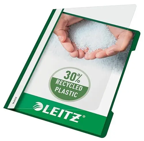 Produktbild: Leitz A4 Standard Schnellhefter, 25er Pack, 30% Pre-Consumer Recycling-Kunststoff, Hefter für A4-Blätter, 60 Blatt Kapazität, Ideal als Dokumententasche für Schule, Haushalt oder Büro, Grün, 41910055