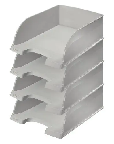 Produktbild: Leitz Briefkorb A4 Jumbo, 4er Pack, Briefablage mit extra großem Fassungsvermögen in Premium-Qualität, Stapelbare Ablagefächer als Schreibtisch-Organizer, Kombinierbar mit Plus-Serie, Grau, 52330085