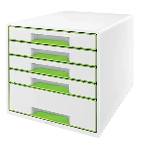 Produktbild: Leitz CUBE Schubladenbox mit 5 Schubladen, Weiß/Grün, A4, Inkl. transparentem Schubladeneinsatz, WOW, 52142054