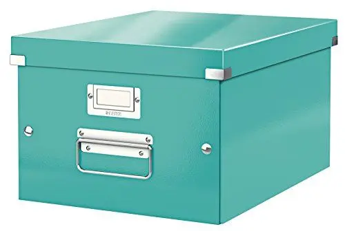 Produktbild: Leitz Click & Store Aufbewahrungsbox mit Deckel Mittel-Groß, Box für Unterlagen bis A4 im Büro u. Haushalt, Transportbox aus 85 % recycelter Premium-Hartpappe, Stabile Metallgriffe, Eisblau, 60440051