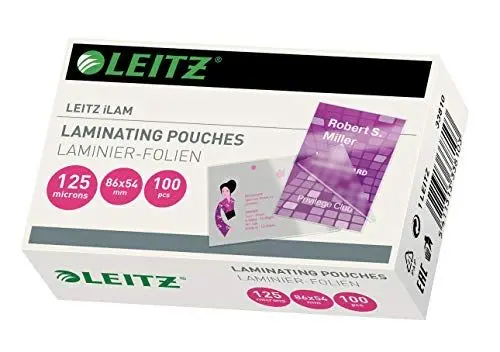Produktbild: Leitz Heißlaminierfolien 125 mic 54 x 86 mm, zum Laminieren von Karten, Anhängern und Ausweisen, Hochwertige Laminierfolien im 100er Pack, Glänzend, Transparent, 33810