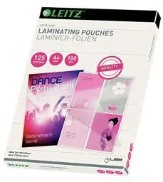Produktbild: Leitz Heißlaminierfolien A4 125 mic, Hochwertige Laminierfolien im 100er Pack, mit abgerundeten Ecken, transparent, glänzend, für den Einsatz zu Hause oder im Büro, 33808