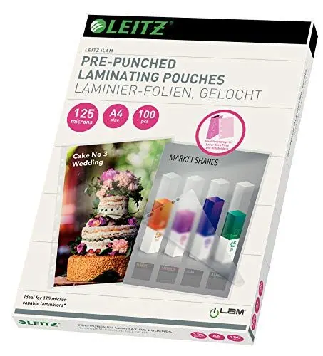 Produktbild: Leitz Heißlaminierfolien A4 125 mic, mit Lochung für Ordner und Ringbücher (2-/4-fach), Hochwertige Laminierfolien im 100er Pack, Glänzend, Transparent, 33878