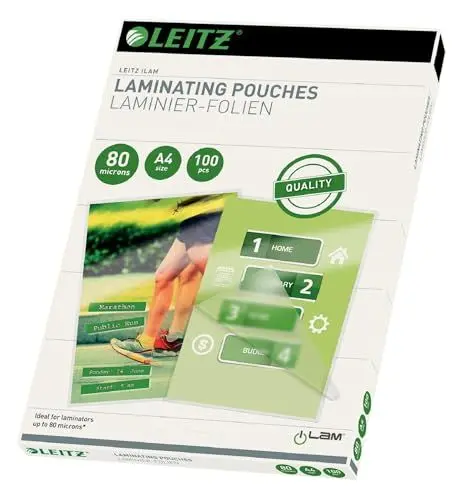 Produktbild: Leitz Heißlaminierfolien A4 80 mic, Hochwertige Laminierfolien im 100er Pack, mit abgerundeten Ecken, transparent, glänzend, für den Einsatz zu Hause oder im Büro, 33818