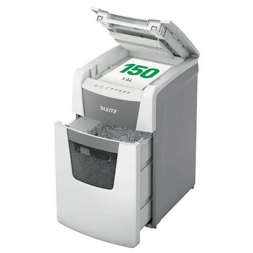 Produktbild: Leitz IQ Autofeed Office Aktenvernichter, 150 Blatt Papierstapel schreddern, Zeit sparen mit automatischem Einzug, Partikelschnitt P4, 44L Abfallbehälter, Leiser Betrieb für Büro, 80130000