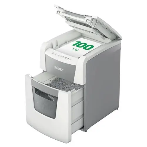 Produktbild: Leitz IQ Autofeed Small Office Aktenvernichter, 100 Blatt Papierstapel schreddern, Zeit sparen mit automatischem Einzug, Partikelschnitt P4, 34L Abfallbehälter, Leiser Betrieb für Büro, 80110000