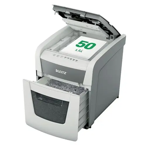 Produktbild: Leitz IQ Autofeed Small Office Aktenvernichter, 50 Blatt Papierstapel schreddern, Zeit sparen mit automatischem Einzug, Partikelschnitt P4, 20L Abfallbehälter, Leiser Betrieb für Büro, 80350000
