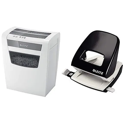 Produktbild: Leitz IQ Home Office Aktenvernichter, 10 Blatt Kapazität, Partikelschnitt, weiß, 80090000 & Büro Locher aus Metall, Für 30 Blatt, Anschlagschiene mit Formatangaben, Markt, schwarz