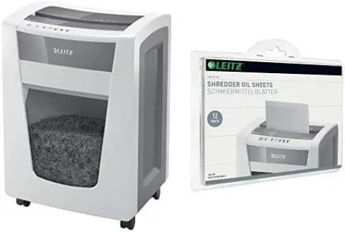Produktbild: Leitz IQ Office Pro Aktenvernichter CH, Mikroschnitt, Sicherheitsstufe P5+, 7 Blatt Kapazität, 30L Abfallbehälter, mit Schweizer Netzstecker, Weiß, 80042000 + Leitz IQ Ölblätter 80070000