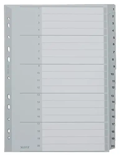 Produktbild: Leitz Register für A4, Deckblatt aus Karton und 20 Trennblätter aus Kunststoff, Taben mit Zahlenaufdruck 1-20, Überbreite, Grau, 12840000, 1-20, A4, PP, 20 Blatt