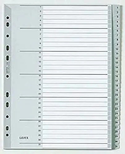 Produktbild: Leitz Register für A4, Deckblatt aus Karton und 31 Trennblätter aus Kunststoff, Taben mit Zahlenaufdruck 1-31, Überbreite, Grau, 12810000