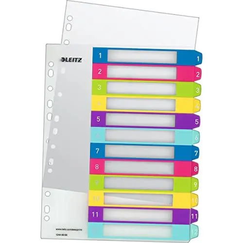 Produktbild: Leitz Register für A4, PC-beschriftbares Deckblatt und 12 Trennblätter, Taben mit Zahlenaufdruck 1-12, Überbreite, Mehrfarbig, Polypropylen, WOW, 12440000