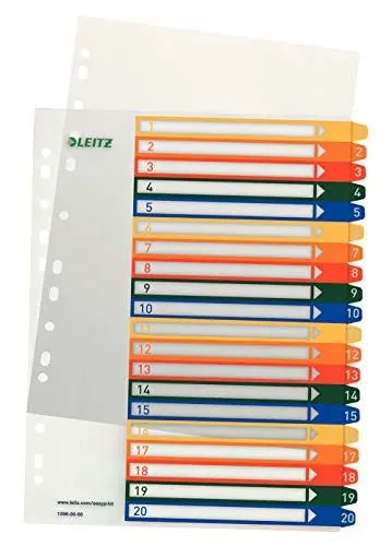 Produktbild: Leitz Register für A4, PC-beschriftbares Deckblatt und 20 Trennblätter, Taben mit Zahlenaufdruck 1-20, Überbreite, Weiß/Mehrfarbig, Polypropylen, 12960000