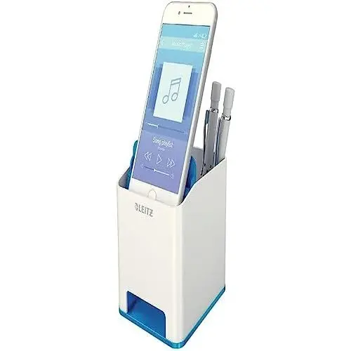 Produktbild: Leitz Sound Stifteköcher mit Soundverstärkungsfunktion, Stiftehalter inkl. Smartphone Fach mit Soundverstärkungsfunktion, Weiß/Blau, Duo Colour, WOW, 53631036