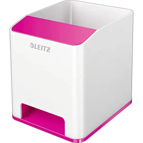 Produktbild: Leitz Sound Stifteköcher mit Soundverstärkungsfunktion, Stiftehalter inkl. Smartphone Fach mit Soundverstärkungsfunktion, Weiß/Pink, Duo Colour, WOW, 53631023