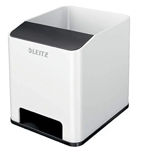 Produktbild: Leitz Sound Stifteköcher mit Soundverstärkungsfunktion, Stiftehalter inkl. Smartphone Fach mit Soundverstärkungsfunktion, Weiß/Schwarz, Duo Colour, WOW, 53631095